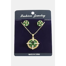 Çiçek Zirkon Taşlı Set Kolye-yeşil N145 Çok renkli