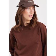 Tudors Kadın Oversize Geniş Kesim %100 Pamuk 2 İplik Bisiklet Yaka Kahverengi Sweatshirt -42618 Kahverengi