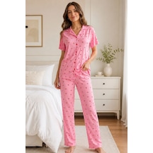 Pembe Kiraz Desenli Kısa Kollu Gömlek Yaka Milan Kumaş Kadın Pijama Takımı