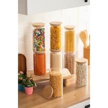 Porsima 3-4 Bambu Borosilikat Vakumlu Kapaklı Yuvarlak Cam 8li Kavanoz Seti Saklama Kabı 1650ml 10x25cm
