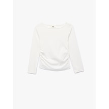 Koton Drape Detaylı Yuvarlak Kayık Yaka Kısa Kollu Modal Tişört Ekru 7wkg10079ak
