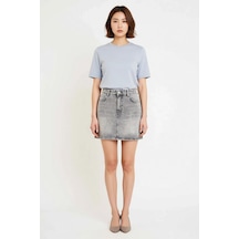 Benerly Kadın Mini Denim Etek Orta Bel %100 Pamuk Rigid Dokuma Klasik Kes Gri
