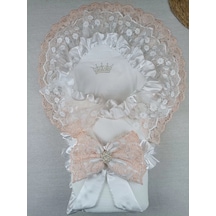 Yenidoğan Bal Peteği Taç Nakışlı Lüks Kundak Bebek Battaniyesi Ekru Çok Renkli