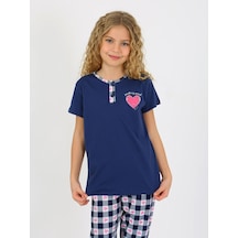 Kız Çocuk Kısa Kollu Düğme Detaylı %100 Pamuklu Pijama Takımı Special Love Lacivert
