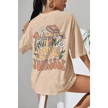 Flood Of Style Kadın Bej Love Yourself Baskılı Oversize T-shirt