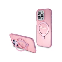 Apple Uyumlu iPhone 15 Pro Kılıf Guess Lisanslı Magsafe Özellikli Simli Ring Standlı