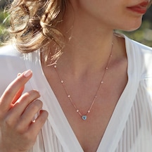 Aquamarin Taşlı Rose Gold Kaplama Sevgili Kalp Gümüş Kolye Gümüş