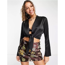 Fashion Cocktail Saten Önden Bağlamalı Dekolte Gece Kokteyl Kombin Uzun Kol Krop Bluz Siyah