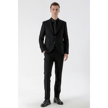 Erkek Basic Düz Slim Fit Takım Elbise Gömlek + Kravat -  Siyah