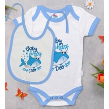Bk Kids Baby Shark Tasarımlı Mavi Bebek Body Zıbın Ve Mama Önlüğü Çok Renkli