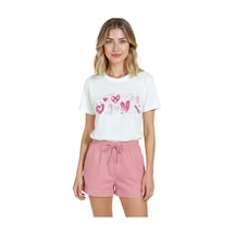 Kadın Beyaz Relaxed Fit %100 Pamuk Tişört Pembe Doodle Kalp Sır Beyaz