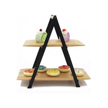 2 Katlı Dikdörtgen Bambu Servis Sunum Seti Büyük Boy, Kuru Pasta, Kurabiye Ve Kek Sunumları İçin Büyük Boy 34cm-26.5cm-16cm Açık Bej