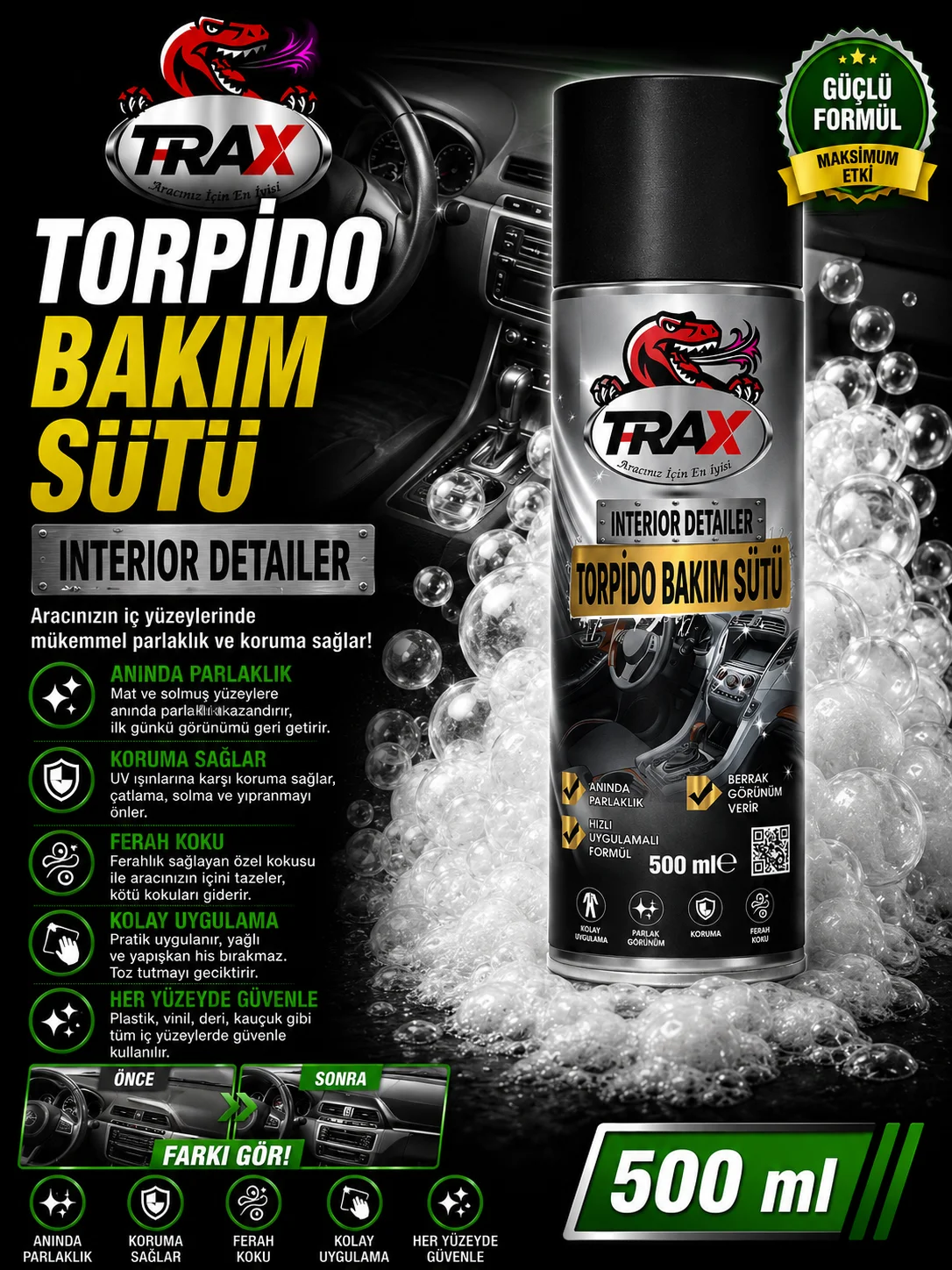 T-rax Torpido Bakım Sütü Torpido Parlatıcı Göğüs Parlatıcı Aerosol 500 Ml 1 adet