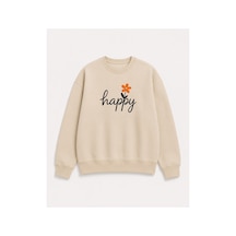 Herkesemoda Happy Baskı Detaylı Şardonlu 2 İplik Bisiklet Yaka Sweatshirt Bej