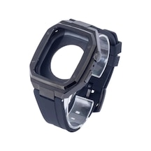 Apple Watch 45mm Uyumlu Kr402 Metal Kasa Silikon Kordon - Siyah