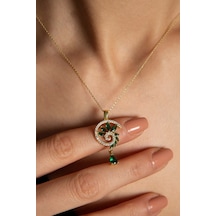 925 Ayar Gümüş Gold Kaplama Yeşim Renkli Spiral Snail Tasarım Kolye