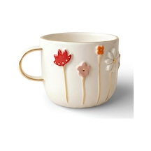 Dearmoon House El Yapımı Seramik Mug, 24 Karat Gerçek Altın Bezemeli, Çiçek Desenli, Atlı Karınca Kutulu, Hediye Seti, Lüks Kupa Beyaz - Çok Renkli
