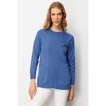 Kadın Sıfır Yaka Önü Çizgili Örgü Kazak İndigo İndigo