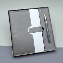 Gri Kutulu Deri Defter Roller Kalem Set