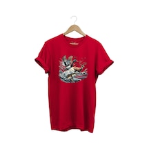 Avcılık Temalı Geyik, Ördek Ve Balık Tasarımlı %100 Pamuk Unisex Regular Fit T-shirt Kırmızı