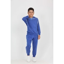 Toontoy Kids Toontoy Erkek Çocuk 2'li Takım Eskitme Baskılı Kapüşonlu Cepli Sweatshirt & Beli Paçası Lastikli Cepli Jogger Eşofman Altı - 2 İplik Saks