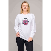 Pinl Sevimli Can Blue Kulaklık Baskılı Beyaz Kadın Sweatshirt