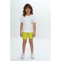 Toontoy Kids Toontoy Kız Çocuk 2'li Takım Baskılı Bisiklet Yaka T-shirt & Beli Lastikli Tek Cepli Şort Açık Yeşil