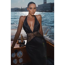 Alya Dantelli Saten Elbise - Siyah