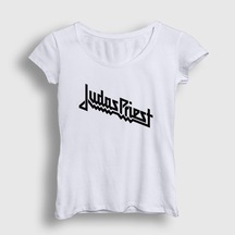 Presmono Kadın Logo Judas Priest T-shirt Beyaz