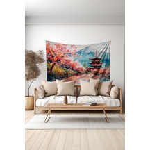 Sakura Ve Pagoda Desenli Duvar Halısı Duvar Örtüsü Tapestry Süet Dokulu Kumaş