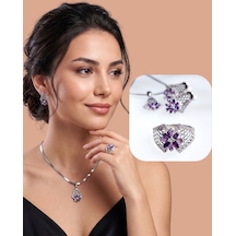 925 Ayar Gümüş Otantik Lotus Çiçek Tasarım Ametist Kadın Mücevher Set Kolye Küpe Yüzük