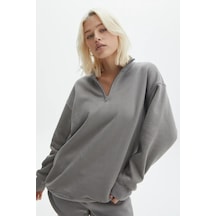 Madmext Boyalı Gri Fermuar Detaylı Oversize Sweatshirt Mg1933 Gri