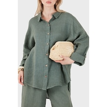 Via Dante % 100 Keten Oversize Yarı Transparan Gömlek Bayan Gömlek 7697 Haki