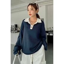 Nimas Kadın Oversize Polo Yaka 3 İplik Şardonlu Sweatshirt Lacivert - 675774194 Lacivert