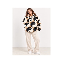 Nova Earth Art Kadın Desenli Yarım Fermuarlı Peluş Sweatshirt Siyah