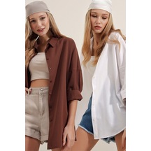 Bigdart 3900 Oversize Uzun Basic Gömlek İkili Paket - Beyaz Ve Kahve 001