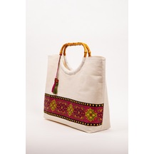 Fabric Craft Bag El Çantası Kanvas Etnik Dokuma Bordürlü Beyaz