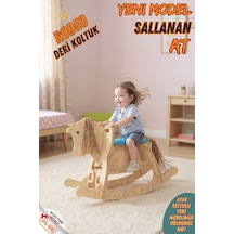 Ahşap Sallanan At-deri Koltuklu-ayak Destekli- Yeni Model -mavi