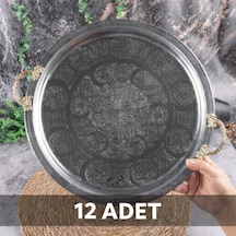 430 Kalite Krom Çelik Kulplu 12 Adet Tepsi 35 Cm Fırına Uygun, Osmanlı Motifli, Kebap & Restoran Sunum Tepsisi Gri