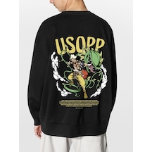 Unisex Siyah Usopp Baskılı Hoodie Oversize Kapşonsuz Sweatshirt Siyah