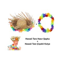 Hawaii Tarzı Tropikal Çiçekli Hasır Şapka Ve Çiçekli Hawaii K N712