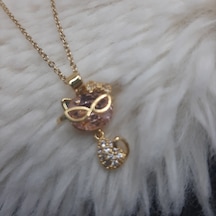 Beren Aksesuar Stainless Steel Zirkon Taş Gözlüklü Nankör Kedi Çelik Kolye Gold