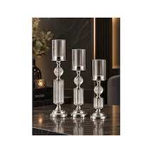 Kristal Ve Cam Detaylı Metal Şamdan Krom