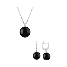 Gümüş Yuvarlak Model Kolye Küpe Siyah Oniks Taşlı Set 8 Mm