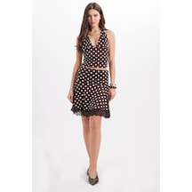 Tudors Kadın Slim Fit Dar Kesim Korse Detaylı Puantiyeli Likralı Dantelli Kahverengi Kısa Mini Etek-51019