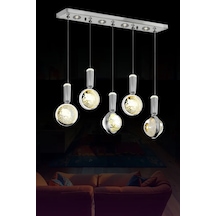 Florya Modern 5'li Sıralı Kristal Camlı Spotlu 70 Cm Led Yemek Masası Avizesi Fly-5s70-w73 Krom