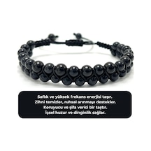 Sertifikalı Shungite Çift Sıra Doğal Taş Makrome Bileklik Ayarlanabilir Ölçü Siyah