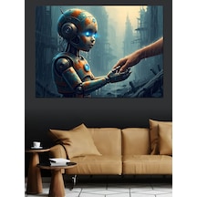 Ahşap Tablo İnsan Elini Tutan Küçük Robot