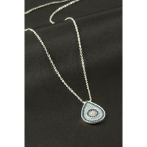 Oval - 469 - Nazar Zirkon Taşlı Kolye - Shophnrl - Gümüş Rengi