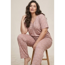 Siyah İnci Desenli Büyük Beden Battal Boy Viskon Örme Pijama Takım 26120997 Pudra
